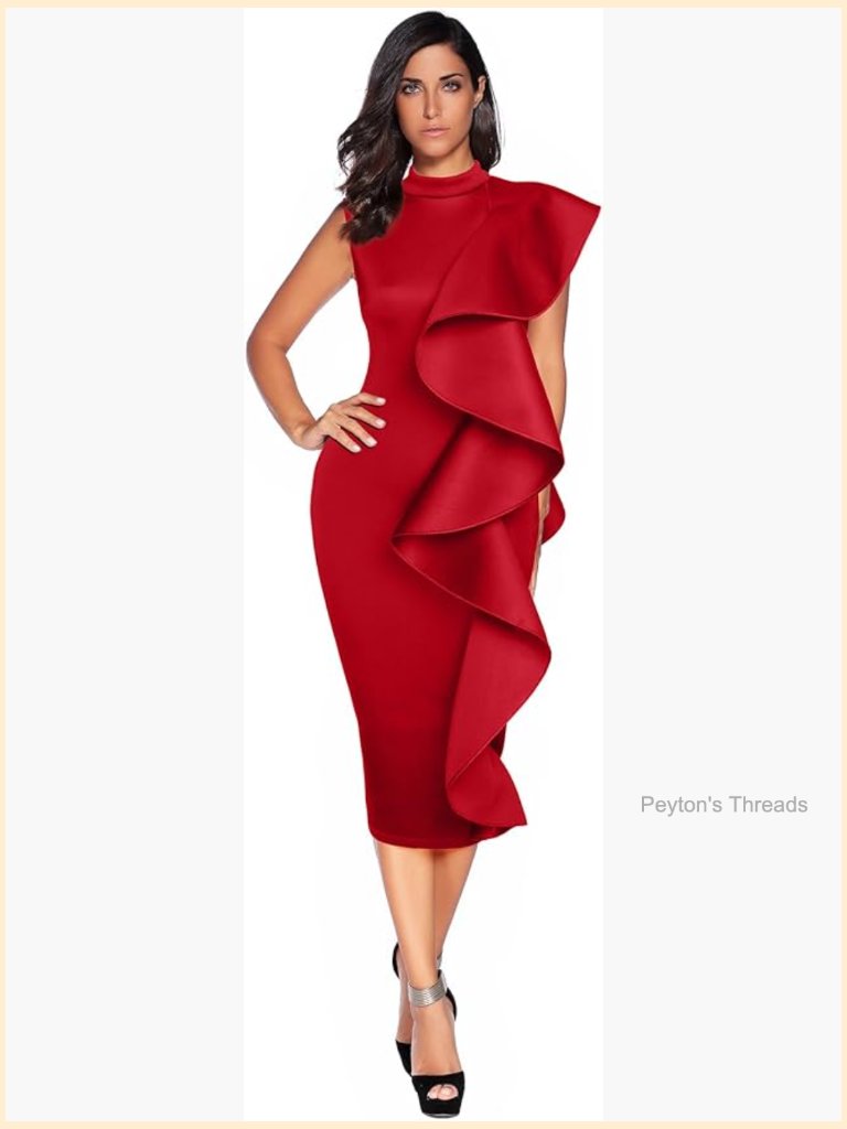 High Neck Midi Dress With Ruffle Formal Event Party Dress Bodycon